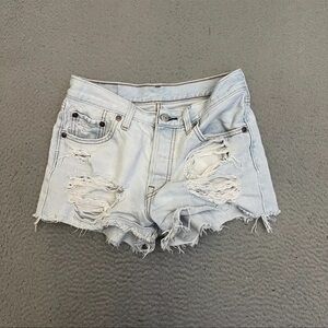 Levi 501 Light Blue Distressed Denim Shorts
